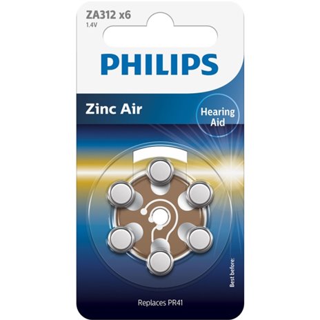 1x6 Philips Zinc-Air PR41 / 312 batterie per apparecchio acu