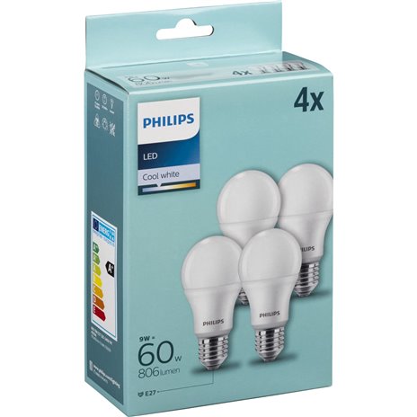 Philips LED lampadina E27 kit 4pz 60W 4000K
