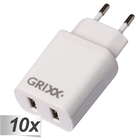 10x1 Grixx Power Adapter 220V Dual USB A White