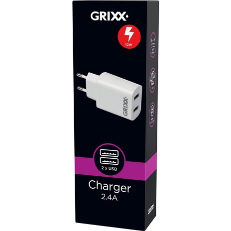 10x1 Grixx Power Adapter 220V Dual USB A White