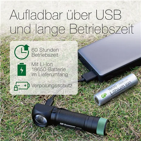 GP torcia frontale multifunz. 600 Lumen+18650  260GPACTCH35000