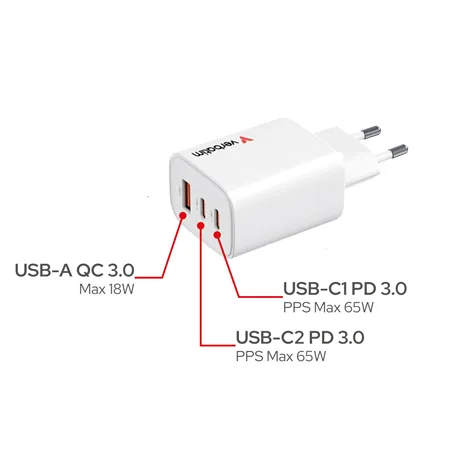 Verbatim Essentials GaN Charger 65W 2xUSB-C/1xUSB-A weiß   32353