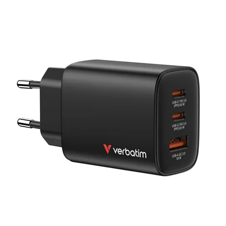 Verbatim Essentials GaN Charger 65W 2xUSB-C/1xUSB-A schwa. 32352