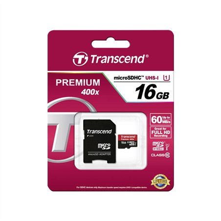 Transcend microSDHC 16GB Class 10 UHS-I 400x + SD adatt.