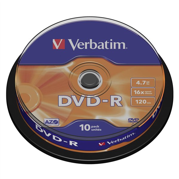 1x10 Verbatim DVD-R 4,7GB 16x Speed, opaco argento Cakebox