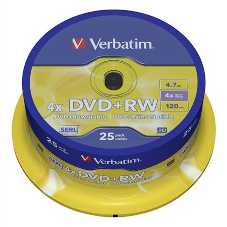 1x25 Verbatim DVD+RW 4,7GB 4x Speed, opaco argento
