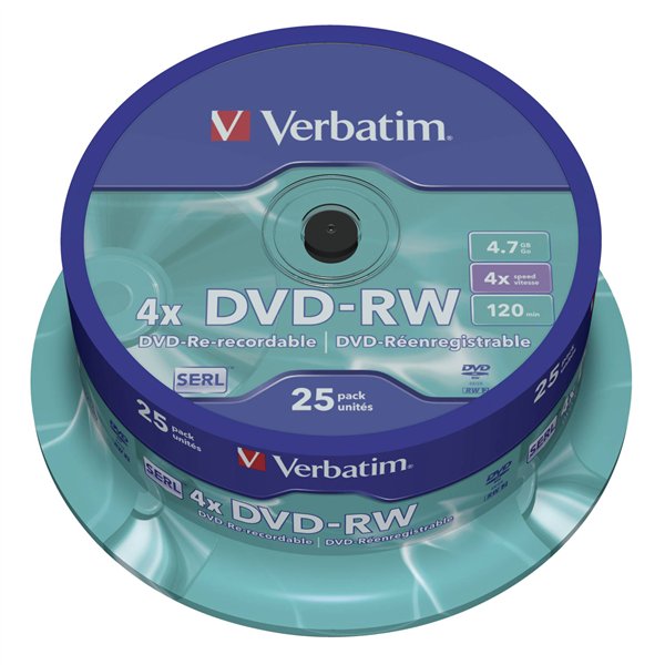 1x25 Verbatim DVD-RW 4,7GB 4x Speed, opaco argento