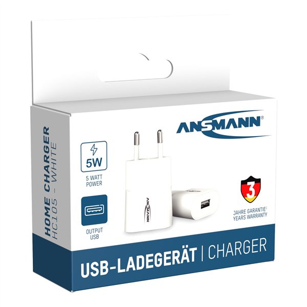 Ansmann Home caricabatt. HC105w 1xUSB 1000mA bian.