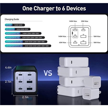 Conceptronic OZUL06BE 6 porte 200W USB-C caricabatt.