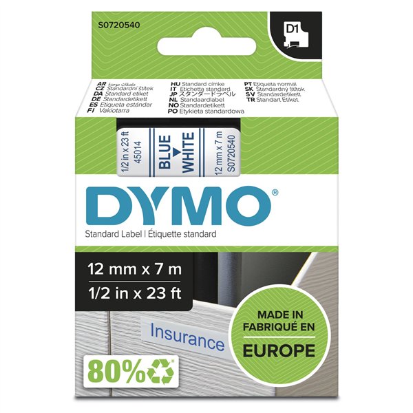 Dymo D1 nastro      12 mm x 7 m azzuro su  bianco          45014