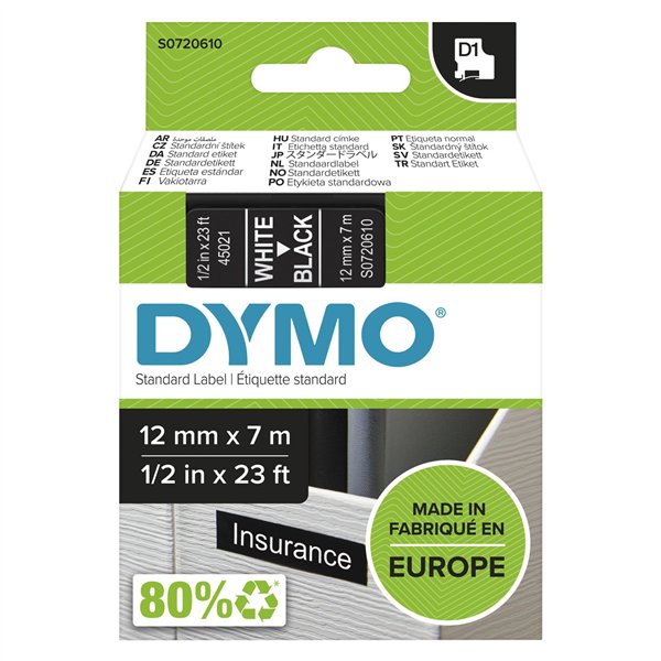 Dymo D1 nastro      12 mm x 7 m bianco su nero          45021