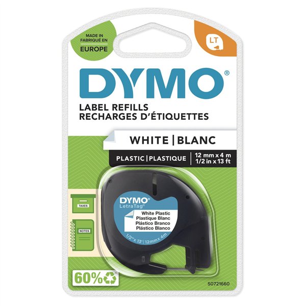 Dymo Letratag nastro plastica bianco 12 mm x 4 m         91221