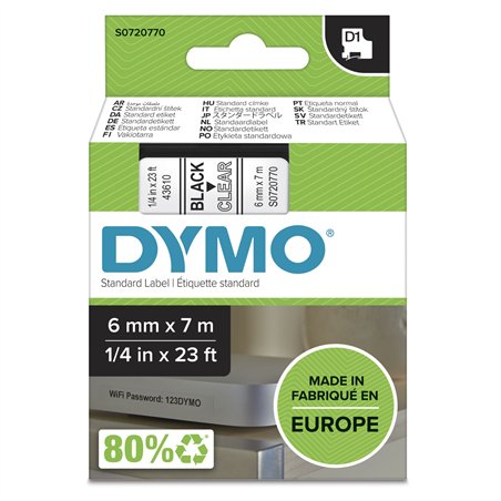 Dymo D1 nastro      6 mm x 7 m nero    su  trasparente    43610
