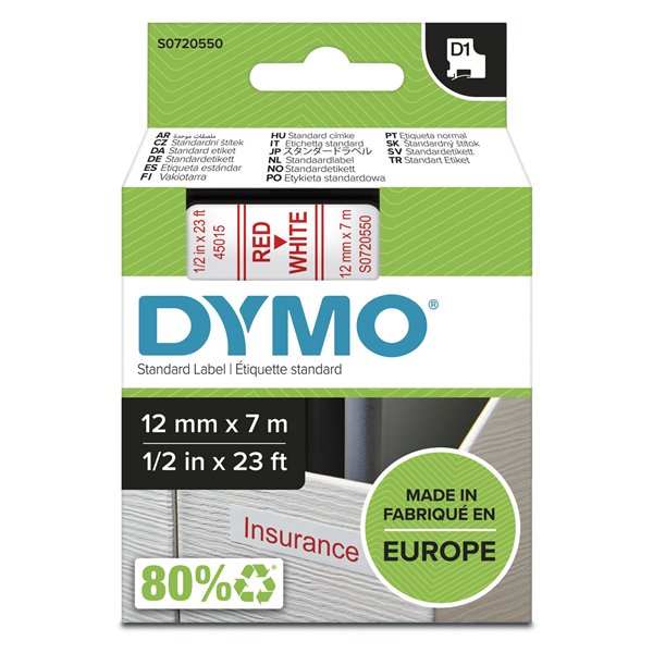 Dymo D1 nastro      12 mm x 7 m roso su  bianco           45015