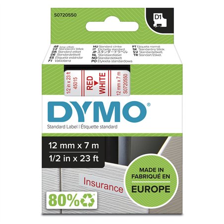 Dymo D1 nastro      12 mm x 7 m roso su  bianco           45015