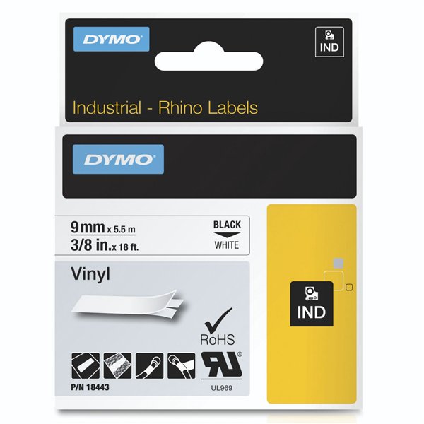 Dymo Rhino nastro IND, Vinyl 9 mm x 5,5 m nero su bianco