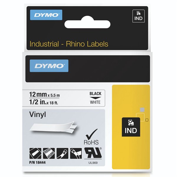 Dymo Rhino nastro IND, Vinyl 12 mm x 5,5 m nero su bianco