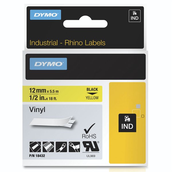 Dymo Rhino nastro IND, Vinyl 12 mm x 5,5 m nero su giallo