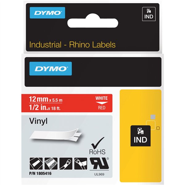 Dymo Rhino nastro IND, Vinyl 12 mm x 5,5 m bianco su rosso