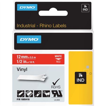 Dymo Rhino nastro IND, Vinyl 12 mm x 5,5 m bianco su rosso