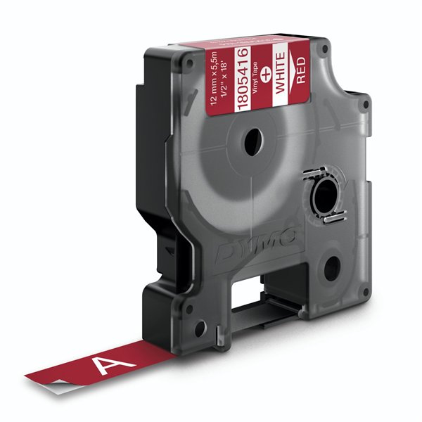 Dymo Rhino nastro IND, Vinyl 12 mm x 5,5 m bianco su rosso