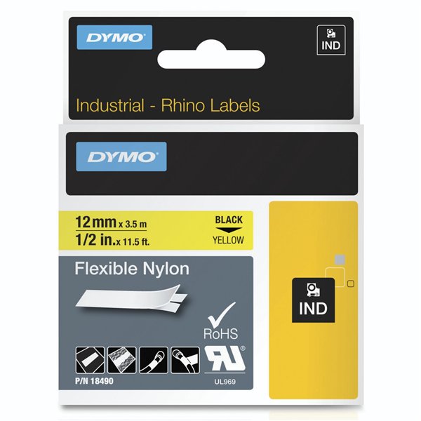 Dymo Rhino nastro IND, Nylon 12 mm x 3,5 m nero su giallo
