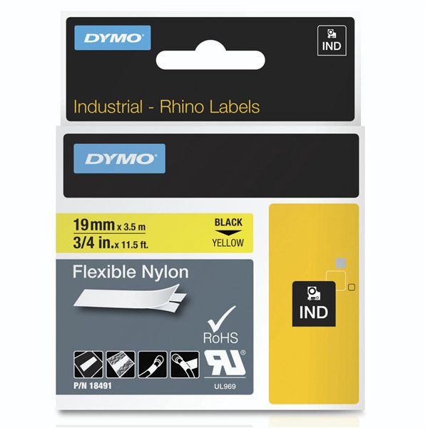 Dymo Rhino nastro IND, Nylon 19 mm x 3,5 m nero su giallo