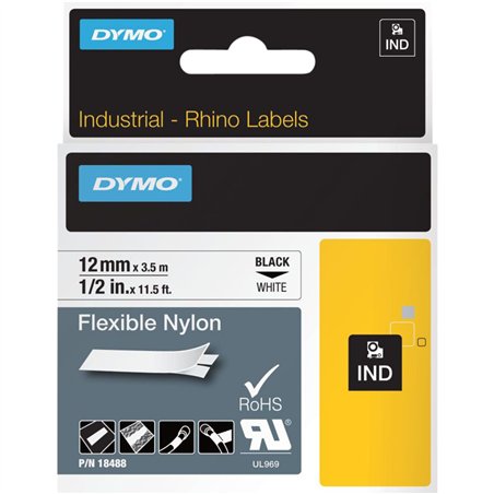 Dymo Rhino nastro IND, Nylon 12 mm x 3,5 m nero su bianco
