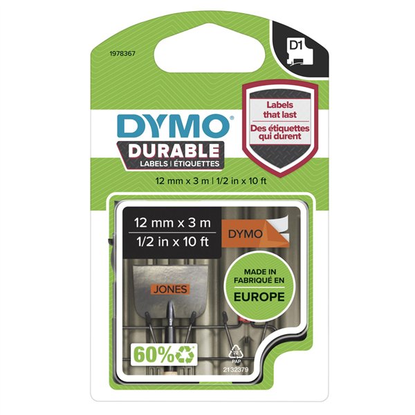 Dymo D1 nastro vinile High Perf. 12 mm x 3 m nero su arancio