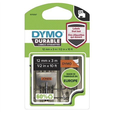 Dymo D1 nastro vinile High Perf. 12 mm x 3 m nero su arancio