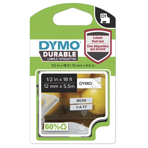 Dymo D1 nastro vinile High Perf. 12 mm x 5,5 m nero su bianco