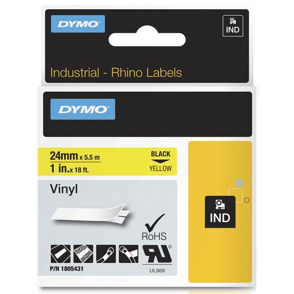 Dymo Rhino 6000+ Vinyl 24 mm x 5,5 m nero su giallo