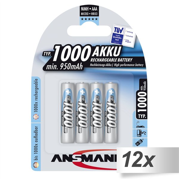 12x4 Ansmann NiMH batt. 1000 Micro AAA 950 mAh