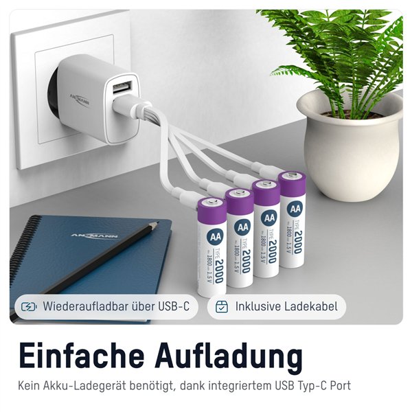 1x4 Ansmann Lithium batt. Mignon AA 1800mAh + cavo ric. 1312-0036