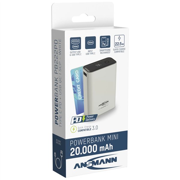 Ansmann Powerbank PRO 20.000 mAh USB-A+C Port 22,5W bia.1700-0157