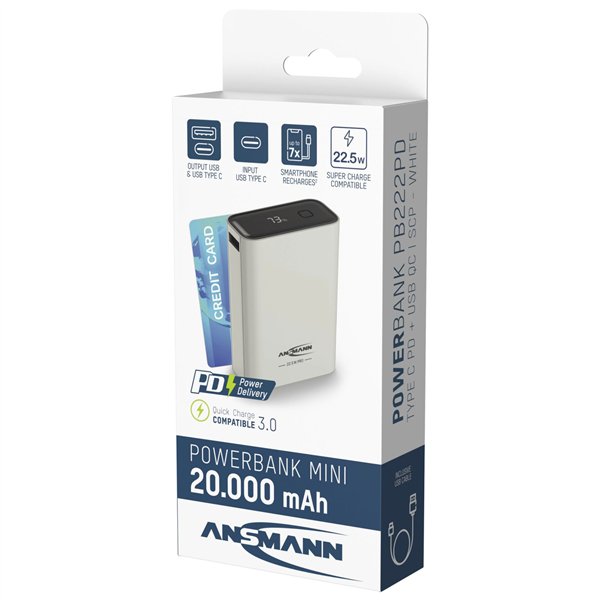 Ansmann Powerbank PRO 20.000 mAh USB-A+C Port 22,5W bia.1700-0157