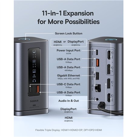Baseus Spacemate Series 11-in-1 (WIN) Docking Station, grigio