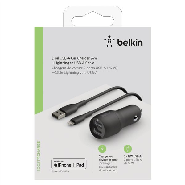 Belkin USB-A caricabatt.auto,24W 1m cavo Lightning CCD001bt1MBK