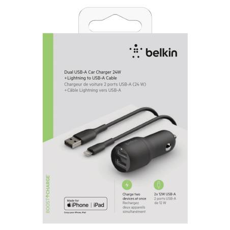 Belkin USB-A caricabatt.auto,24W 1m cavo Lightning CCD001bt1MBK