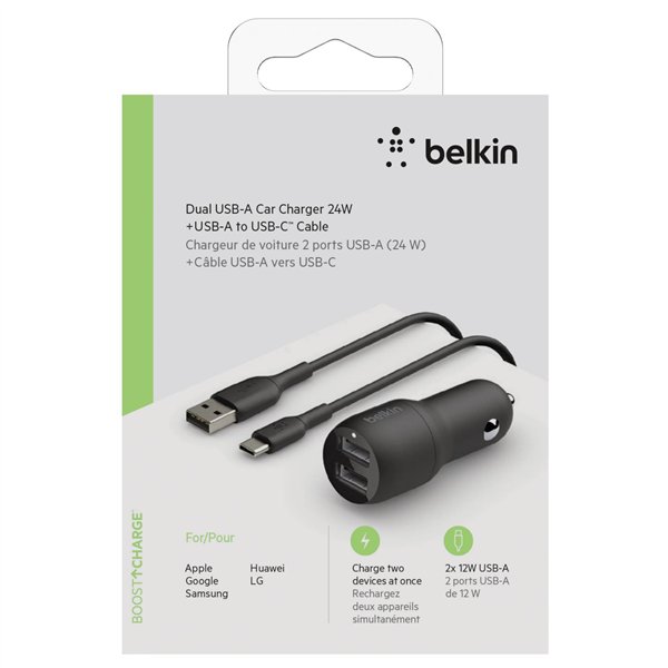 Belkin USB-A caricab. auto, 24W 1m cavo USB-C  nero CCE001bt1MBW