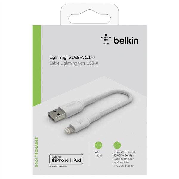 Belkin Lightning cavo ric./sinc. 15cm, rivestito mfi cert., bian.