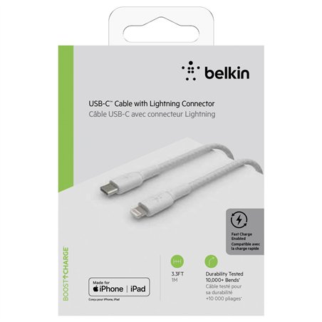 Belkin Lightning/USB-C cavo 1m rivestito mfi cert., bian.