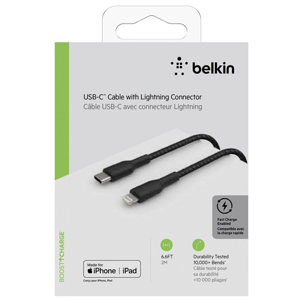 Belkin Lightning/USB-C cavo 2m rivestito mfi cert., nero