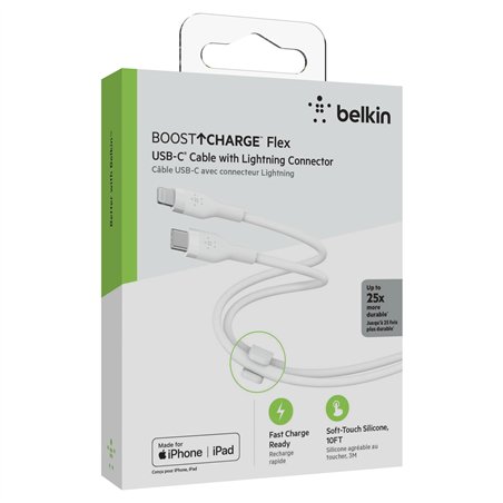 Belkin Flex Lightning/USB-C 15W 3m, mfi, 15W, bian. CAA009bt3MWH