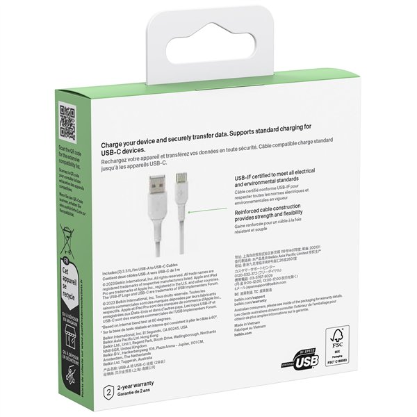 1x2 Belkin USB-C/USB-A PVC cavo 1m, conf.2pz.bia.CAB001bt1MWH2PK