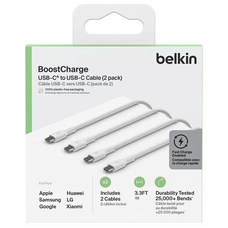 1x2 Belkin USB-C/USB-C 2.0 PVC 1m, conf.2pz.bia.CAB003bt1MWH2PK