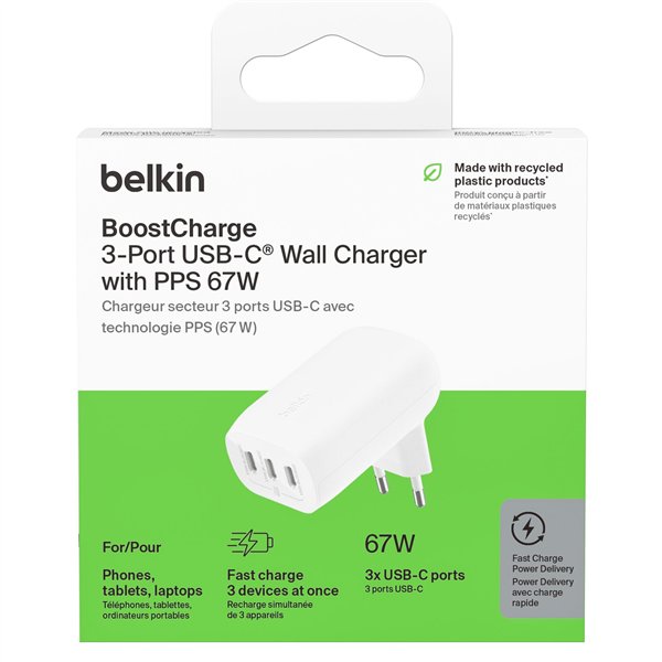 Belkin BOOST Charge USB-C 67W 3 x USB-C, PPS, bian. WCC002vfWH