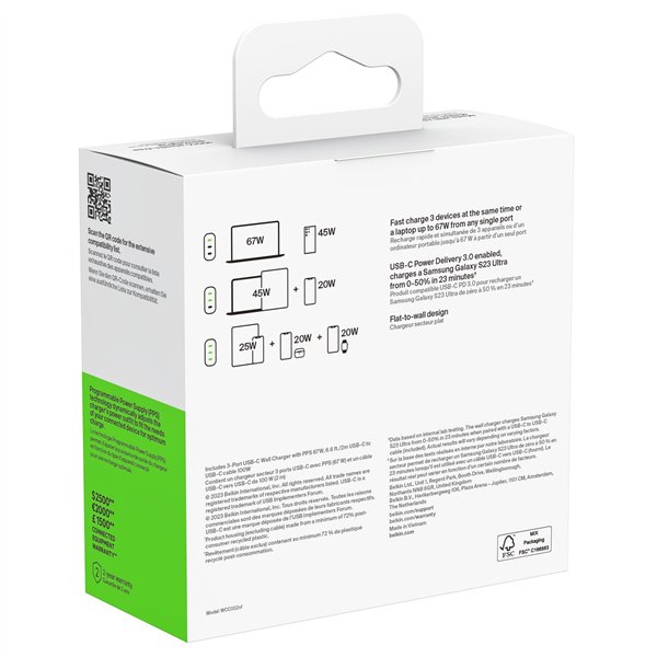 Belkin BOOST Charge USB-C 67W 3xUSB-C + cavo WCC002vf2MWH-B6