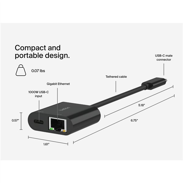 Belkin Connect USB-C Ethernet adatt. 100W PD nero INC019btBK