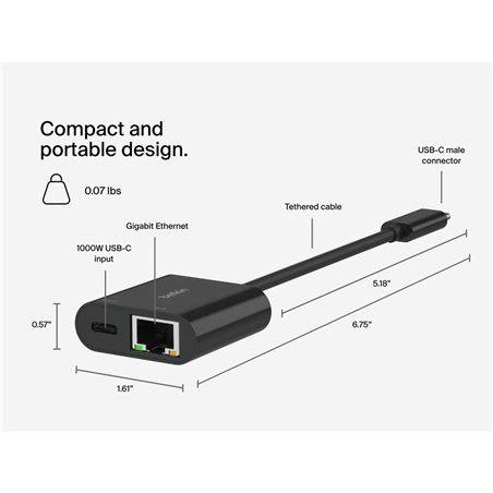 Belkin Connect USB-C Ethernet adatt. 100W PD nero INC019btBK